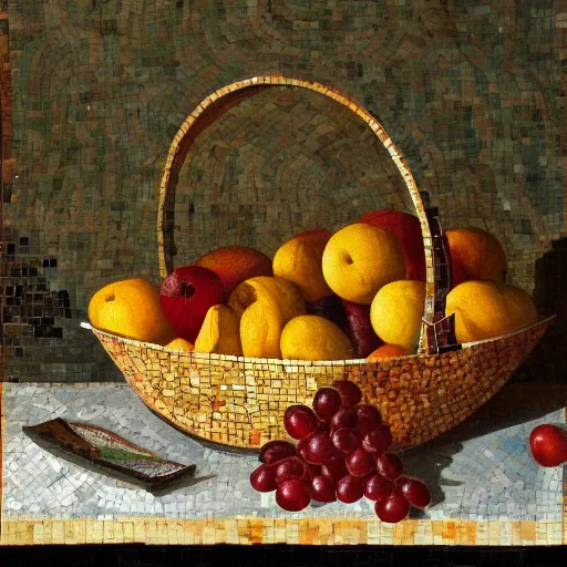 Prompt: a fruit basket on top of a kitchen table, roman mosaic