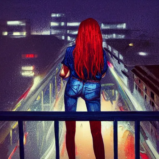 Image similar to a beautiful artwork of a woman with red hair in jeans and a white shirt smoking on the balcony of a hotel at night, top view, cinematic shot, rainy, neon and rainy theme atmosphere by Jerome Opeña, featured on artstation