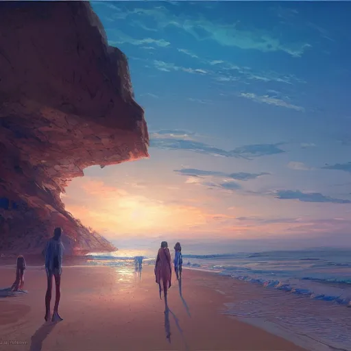 Image similar to a spot on the beach at twilight where i like to spend time thinking. by john avon and marc simonetti, early evening, moon in the sky, trending on artstation