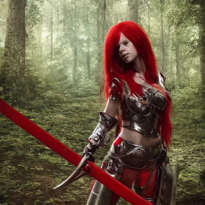 Image similar to a girl with long red hair wearing a red plate armor and hding a big red sword in a forest, 3d render, octane render, unreal engine 5, 8k hdr, hyperrealistic, highly detailed, high quality, concept art, trending on Artstation