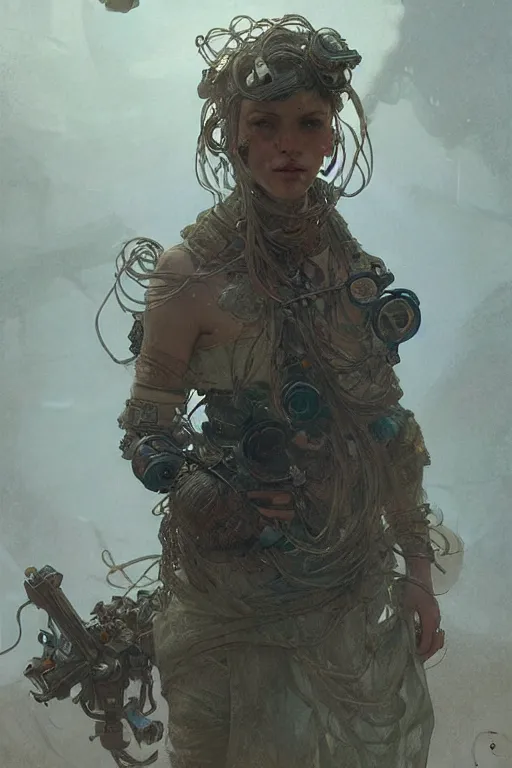 Prompt: A full portrait of a beautiful post apocalyptic deep sea fisherman, intricate, elegant, highly detailed, digital painting, artstation, concept art, smooth, sharp focus, illustration, art by Krenz Cushart and Artem Demura and alphonse mucha