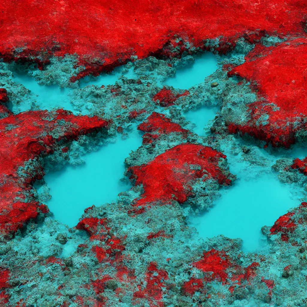 Prompt: bright red starfishes in a crater filled with bright blue water surrounded by bright green algae and grey rocks, Death Valley, octane render, 35mm, sci-fi cinematic movie still