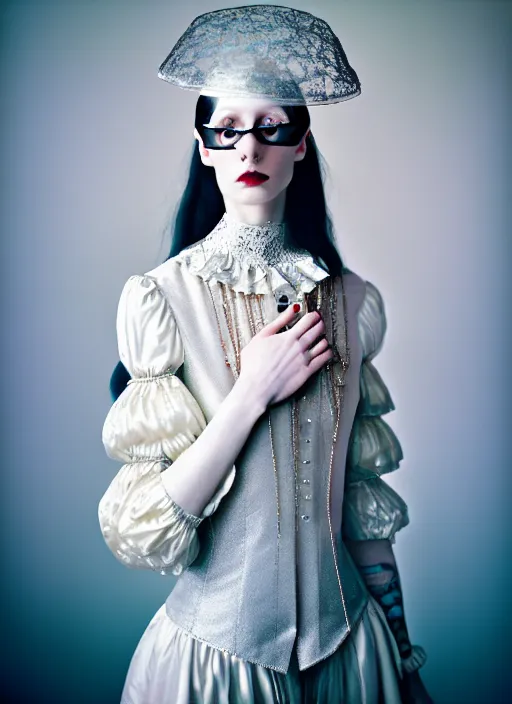 Image similar to kodak portra 4 0 0 photo portrait of a beautiful pale woman in style of tim walker, silver lace pearl steampunk biomechanic beautiful, big monocular, 1 5 0 mm, f 1. 2, volumetric light, coloured gel studio light, gothic fashion intricate pearl embroidered collar, unreal engine 5, 8 k