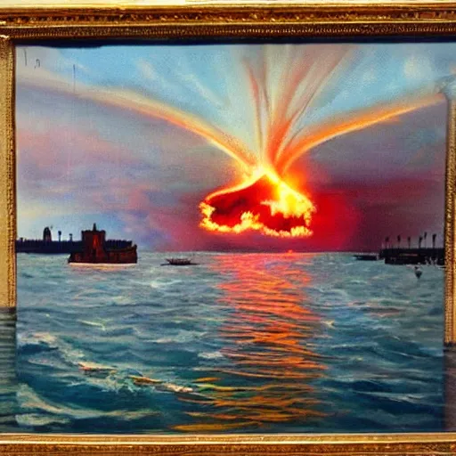 Image similar to an oil painting of a nuclear explosion in venice