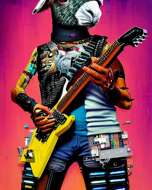 Image similar to a portrait of an anthropomorphic cyberpunk lhama shredding an electric guitar by sandra chevrier, by jon foster, detailed render, tape deck, epic composition, cybernetics, 4 k realistic, cryengine, realistic shaded lighting, sharp focus, masterpiece, by enki bilal