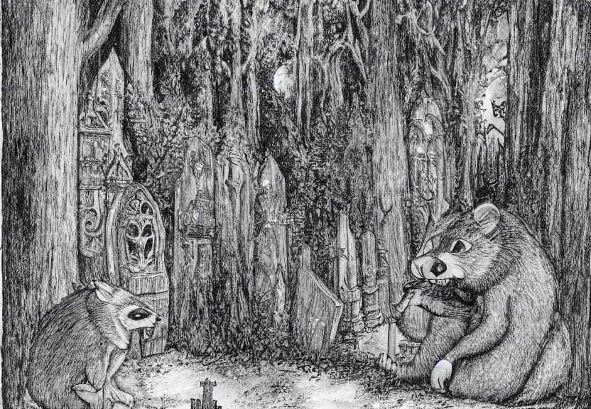 Prompt: big possum dressed like a monk at a scary medieval cemetery in the middle of the forest at night, highly detailed, digital art, by Maurice Sendak