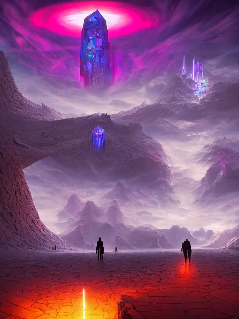 Image similar to entrance to ethereal realm, god waiting, rendered in unreal engine, central composition, symmetrical composition, dreamy colorful cyberpunk colors, 6 point perspective, fantasy landscape with anthropomorphic!!! terrain!!! in the styles of igor morski, jim warren, and rob gonsalves, intricate, hyperrealistic, volumetric lighting, neon ambiance, distinct horizon