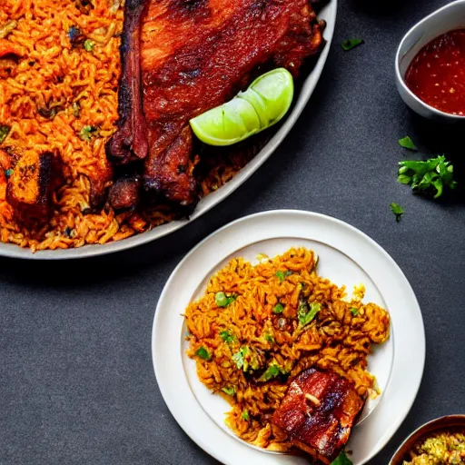 Image similar to jollof rice with fried haloumi cheese on the side, bbq ribs on the side, and lentils next to jollof