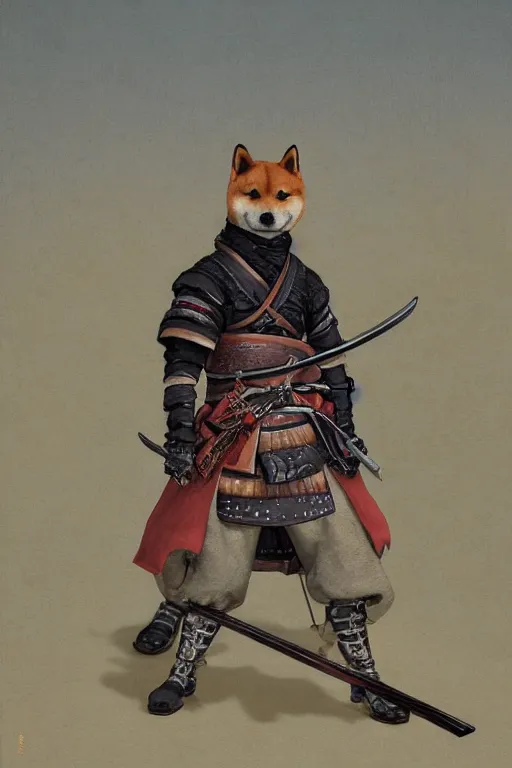 Image similar to a detailed matte portrait of an anthropomorphic shiba inu dressed as a samurai, shiba inu face, very large katana leaning against the side of a tavern, city streets, masterpiece, 8 k, art by donato giancola and greg rutkowski and wayne barlow and zdzisław beksinski