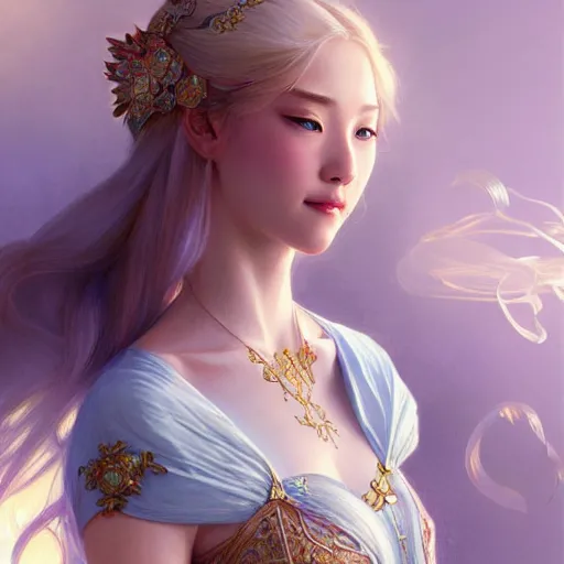 Image similar to elegant Chinese princess, D&D, blue eyes, blonde hair, fantasy, intricate, elegant, highly detailed, digital painting, artstation, concept art, smooth, sharp focus, illustration, art by artgerm and greg rutkowski and alphonse mucha