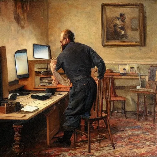 Image similar to an angry man yells at his computer monitor, oil on canvas, 1 8 8 3, highly detailed