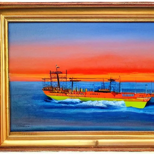 Prompt: A vivid painting of a ship leaving the dock on the day of reckoning. The sun is setting. Paradise is on the horizon.