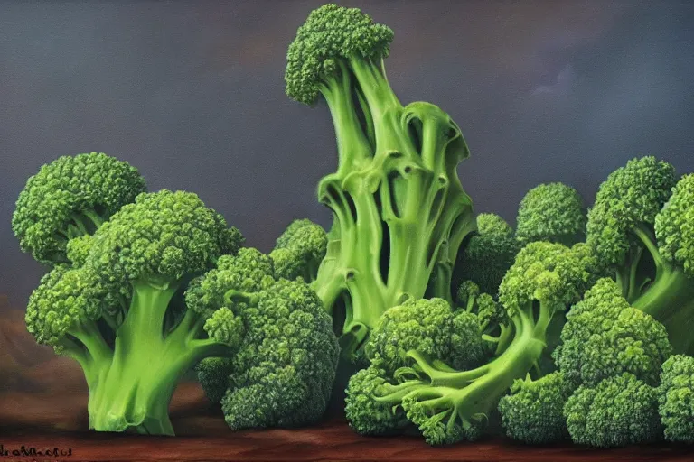 Prompt: broccoli hellscape, surrealism, elegant oil painting, highly detailed