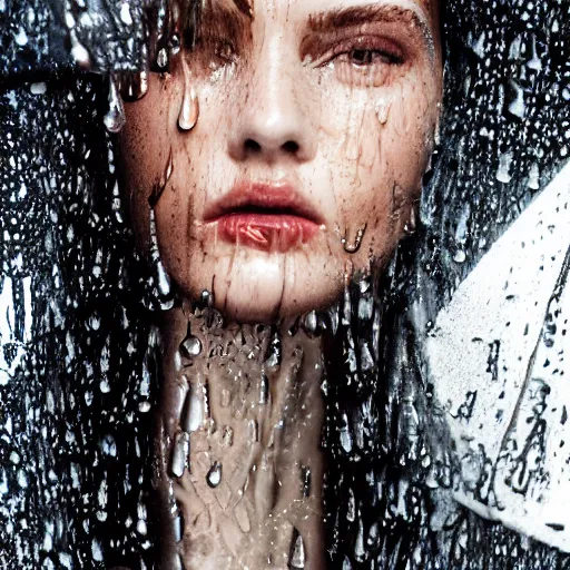 Prompt: close up of face of a wet fashion model in luxury dress, rainy, official dior editorial, highly detailed