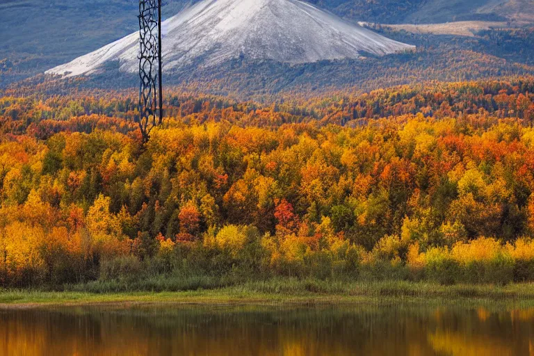 Image similar to a mountain with a radio tower next to a pond, autumn hills in background. telephoto lens photography.