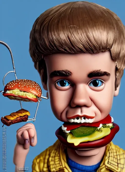 Prompt: highly detailed closeup, face profile portrait of justin bieber as a tin toy scientist wearing a tinfoil hat eating a hamburger, unreal engine, nicoletta ceccoli, mark ryden, earl norem, lostfish, global illumination, detailed and intricate environment