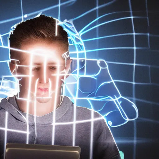 Image similar to male teenager looking at a laptop with bright screen with digital letters floating out, inside a dark room, digital art