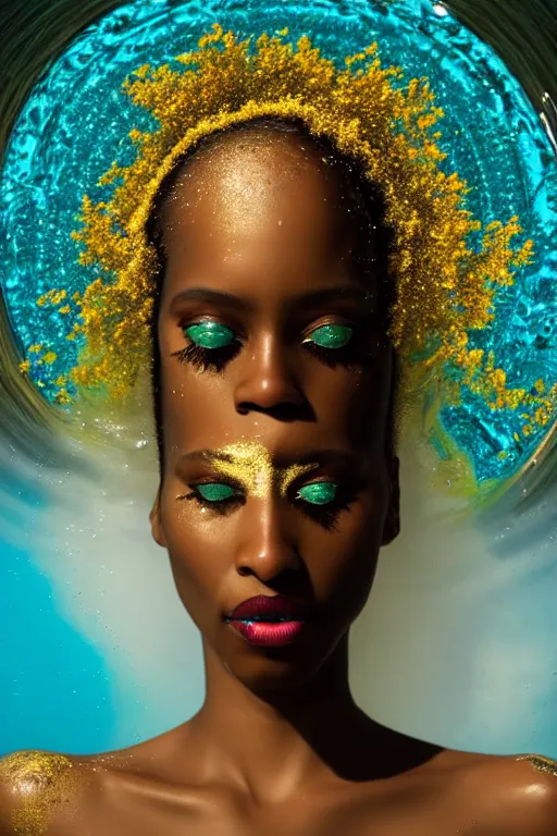 Image similar to hyperrealistic neo - surreal cinematic very beautiful! black oshun goddess with white! iris, in water, yoruba body paint, mirror dripping droplet!, gold flowers, highly detailed face, digital art masterpiece, smooth robert steven connett eric zener dramatic teal light, ground angle uhd 8 k, sharp focus