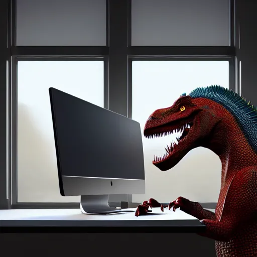 Image similar to anthropomorphic dinosaur sitting in front of computer, vray, 5 5 mm