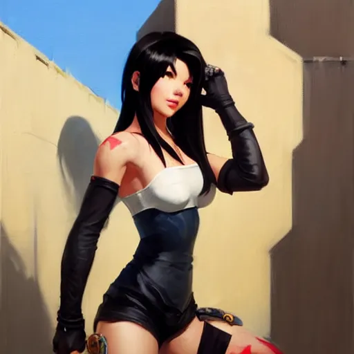 Image similar to Greg Manchess portrait painting o Tifa Lockheart as Overwatch character, medium shot, asymmetrical, profile picture, Organic Painting, sunny day, Matte Painting, bold shapes, hard edges, street art, trending on artstation, by Huang Guangjian and Gil Elvgren and Sachin Teng