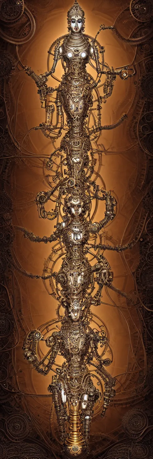 Image similar to seamless pattern of steampunk cybernetic biomechanical hindu goddess dugra, 3 d model, very coherent symmetrical artwork, unreal engine realistic render, 8 k, micro detail, gold white plastic and steel intricate, elegant, highly detailed, digital painting, artstation, smooth, sharp focus, illustration, artgerm, tomasz alen kopera, wlop