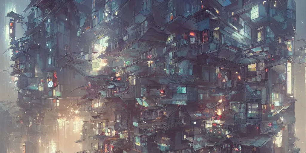 Image similar to japan's architectural street, snow in the city, buildings surrounded by cherry trees, cyberpunk, trends in artstation by peter mohrbacher,