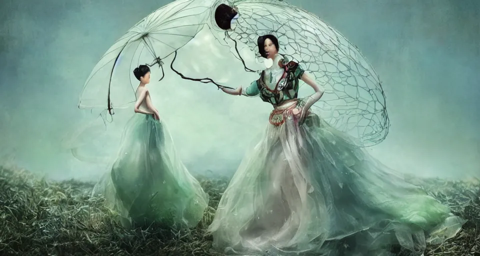 Prompt: asian female wearing a luminous jelly fish armor. soft. fragile. by ray caesar. by louise dahl - wolfe. by andrea kowch. by anna claren. surreal photography