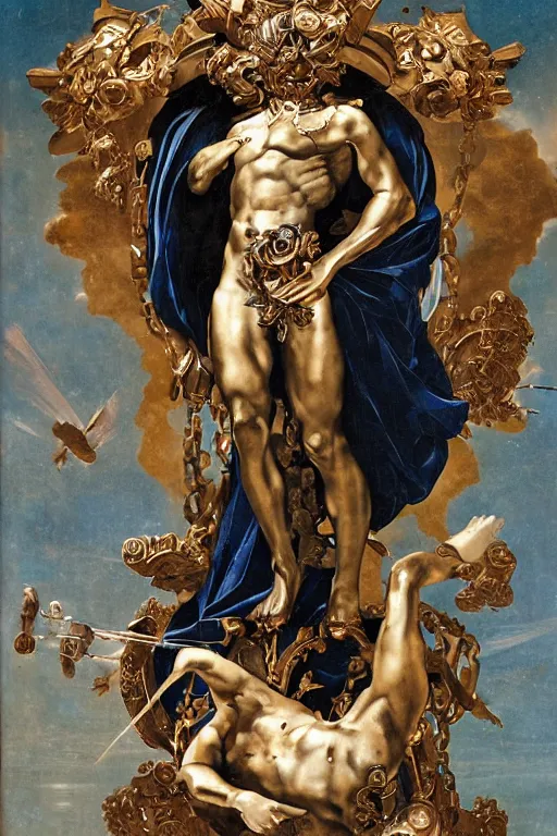 Prompt: a young handsome Spanish metal android with a large glowing battery in the center of his chest in a full-body bronze cyberpunk style statue of Icarus with glowing blue eyes, crown of peach roses, flowing teal-colored silk, fabric, flowers. baroque elements, human skull. full-length view. baroque element. intricate artwork by caravaggio. many flying horses on background. Trending on artstation, octane render, cinematic lighting from the right, hyper realism, octane render, 8k, depth of field, 3D