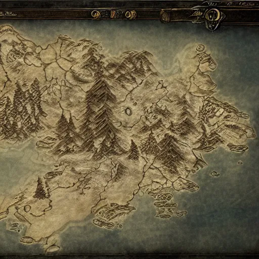 Image similar to Elder Scrolls Skyrim game screenshot of a large map on a table that is shaped like a fox