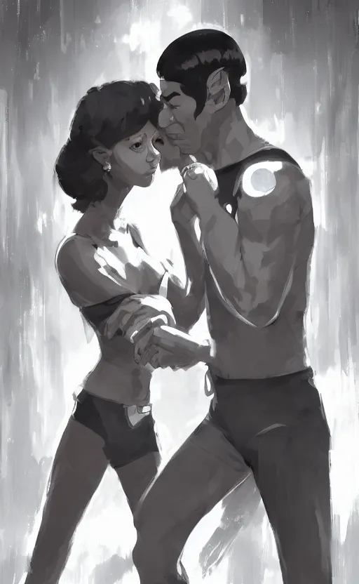 Image similar to Uhura and Spock caught about to kiss, surprise, cute, innocent, soft lighting, standing in a starbase bar, In style of Yoji Shinkawa, wojtek fus, by Makoto Shinkai, concept art, highly detailed