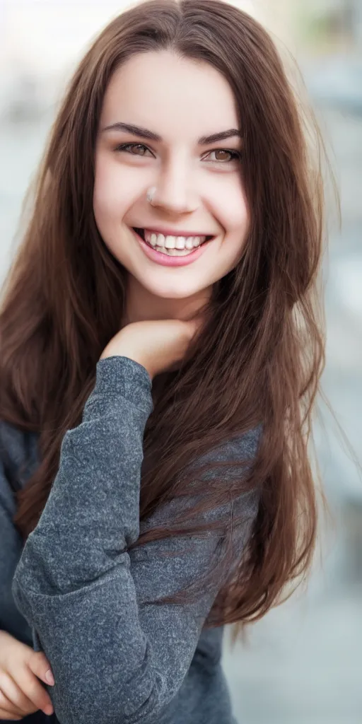 Image similar to photo of a beautiful young woman with dark brown hair looking into the camera and with an excited smile, full body, ultrarealistic, 8k
