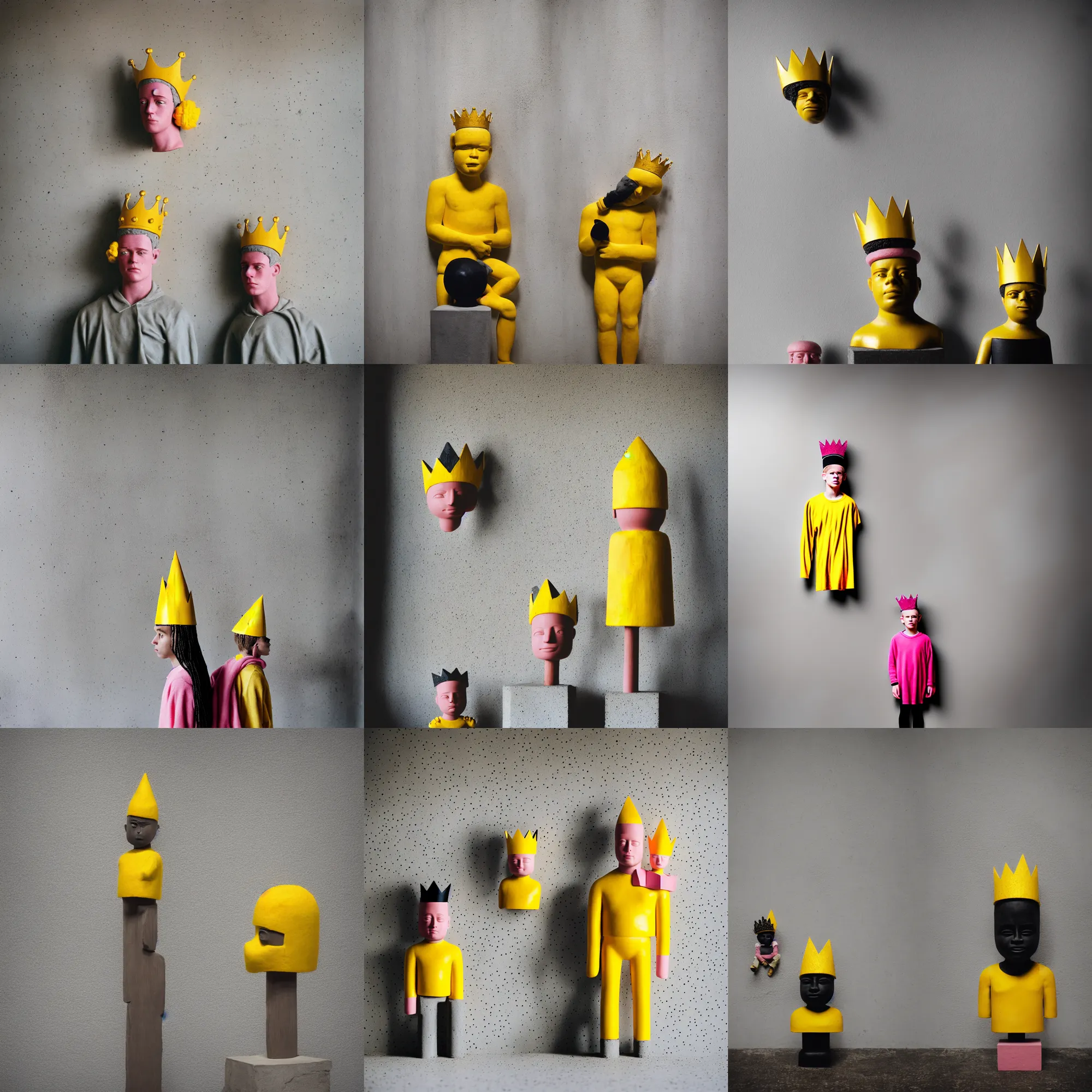 Image similar to kodak portra 4 0 0, 8 k, shot of a highly detailed, britt marling style, colour still - life portrait of a large minimalistic room, rough concrete walls, the wooden statue of a yellow black striped little man with pink crown on his head