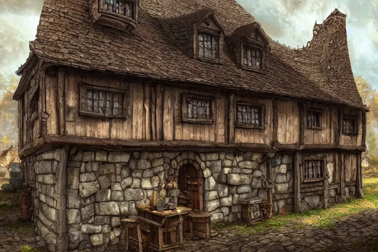 Prompt: A tiny medieval tavern viewed from the outside, texture, intricate, details, highly detailed, masterpiece, architecture, building, trending on artstation, focus, sharp focus, concept art, digital painting, fantasy, sunny, day, midday