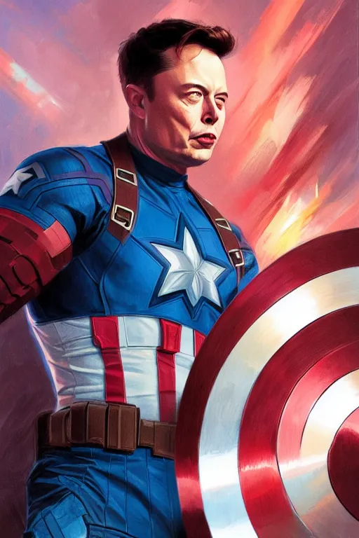 Image similar to elon musk as captain america, marvel character, portrait, highly detailed, digital painting, artstation, concept art, smooth, sharp focus, illustration, cinematic lighting, art by artgerm and greg rutkowski and alphonse mucha