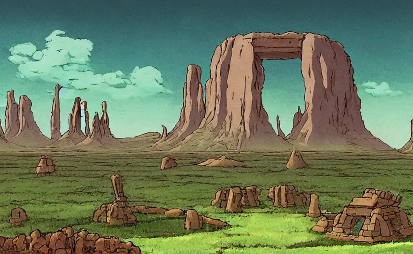 Image similar to a cell - shaded studio ghibli concept art from paprika ( 2 0 0 6 ) of a spaceship from close encounters of the third kind ( 1 9 7 7 ) in a lush temple that looks like monument valley stonehenge jungle. a caravan is in the foreground. very dull colors, portal, hd, 4 k, hq