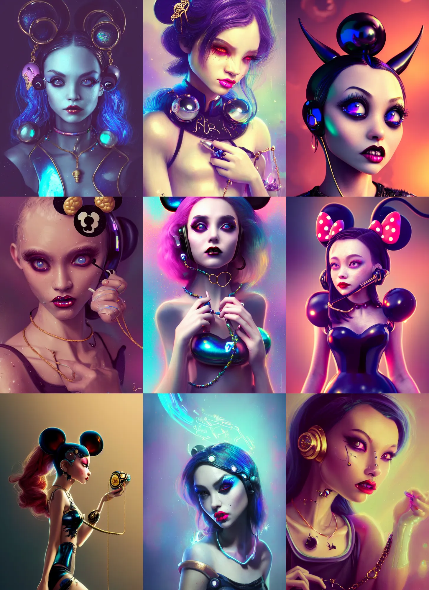 Prompt: disney 8 k photo, beautiful shiny porcelain obsidian rich grand iridescent minnie mouse emo edc devil clowncore cyborg college woman, earbuds jewelry, golden ratio details, sci fi, fantasy, cyberpunk, intricate, decadent, highly detailed, digital painting, octane render, artstation, concept art, smooth, sharp focus, illustration, art by loish, wlop