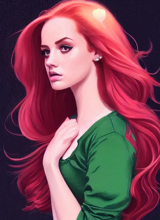 Image similar to full body portrait of teenage cheryl blossom, bangs, green eyes, sultry expression, red hair, sultry smirk, bangs and wavy hair, pink skirt, intricate, elegant, glowing lights, highly detailed, digital painting, artstation, concept art, smooth, sharp focus, illustration, art by wlop, mars ravelo and greg rutkowski