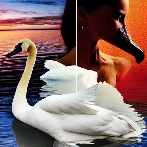 Image similar to a collage of a swan and a woman, dissected blown up, ultra realistic, cinematic