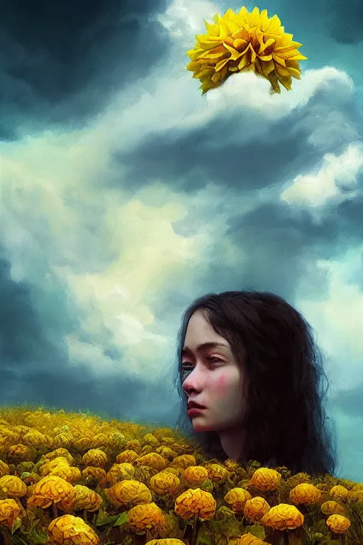 Image similar to closeup girl with huge yellow dahlia flower face, intricate, standing on mountain, surreal photography, blue storm clouds, dramatic light, impressionist painting, digital painting, artstation, simon stalenhag