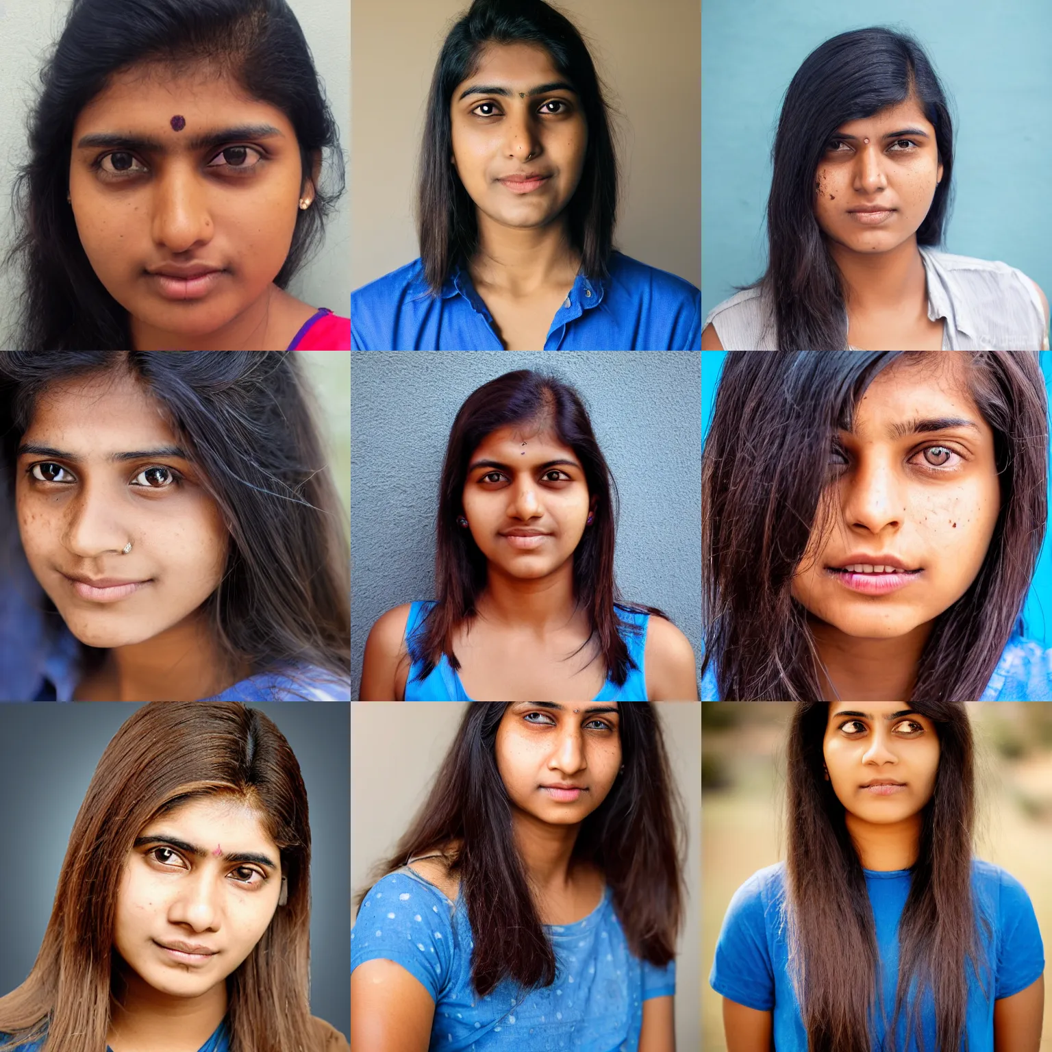 Prompt: Headshot of a young adult Indian woman wearing a blue shirt and has dark blonde shoulder length hair with no bangs, blue eyes, tan skin, and freckles