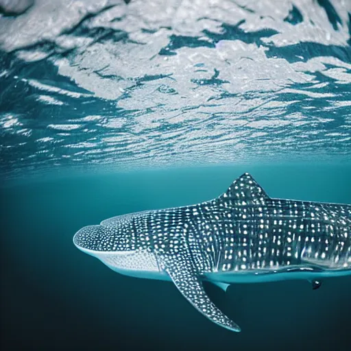 Prompt: a bioluminescent whale shark deep under the sea, award winning nature photography