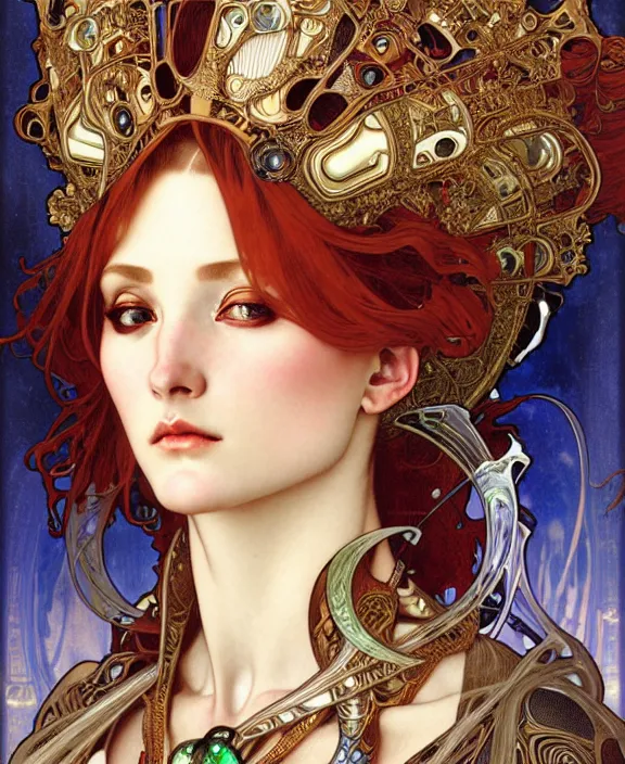 Prompt: realistic detailed face portrait of a beautiful futuristic italian renaissance queen in opulent alien armor by alphonse mucha, ayami kojima, amano, greg hildebrandt, and mark brooks, female, feminine, art nouveau, ornate italian renaissance cyberpunk, iridescent venetian blown glass, neo - gothic, gothic, character concept design