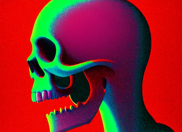 Image similar to portrait of skull character, colorful, modern art deco, mads berg, karolis strautniekas, christopher balaskas, stippled light, fog, moody, fine texture, editorial illustration, dramatic lighting, dynamic composition, detailed, matte print, dynamic perspective, muted color