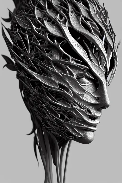 Image similar to monochrome close - up profile face, black background, beautiful young porcelain bio - mechanical vegetal - dragon - cyborg - female, white metallic armour, silver gold details, magnolia leaves and stems, roots, mandelbot fractal, 1 5 0 mm, beautiful natural soft rim light, elegant, hyper real, ultra detailed, octane render, 1 6 k