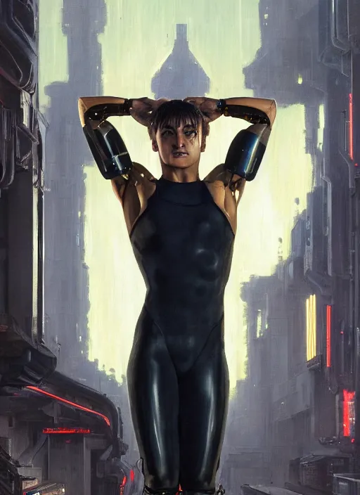 Prompt: buff cyberpunk olympic gymnast with robotic arms wearing a jumpsuit ( blade runner 2 0 4 9, cyberpunk 2 0 7 7 character design ). orientalist portrait by john william waterhouse and james gurney and theodore ralli and nasreddine dinet, oil on canvas. cinematic, hyper realism, realistic proportions, dramatic lighting, high detail 4 k