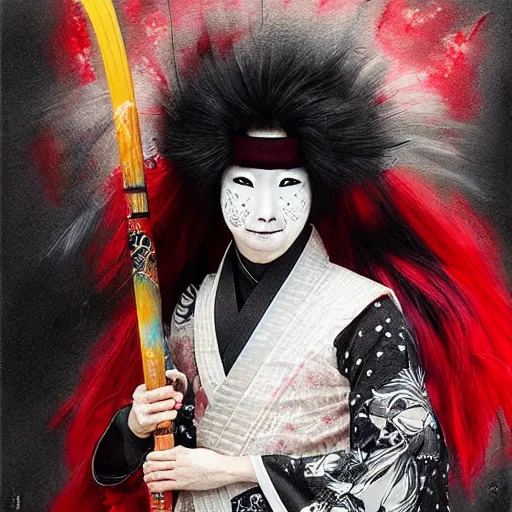 Prompt: an epic portrait of insane kabuki male wielding a spear covered in a distorting aura, intricate hakama, poofy red wig, eerie, highly detailed, dark fantasy, art by artgerm and greg rutkowski