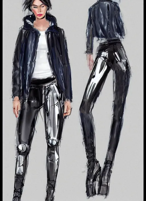 Image similar to a conceptual fashion sketch of a girl wearing a chloma designed anorak with skinny legs and futuristic leggings