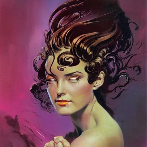 Image similar to portrait of a woman with swirling hair and fractal skin by frank frazetta, retrofuturism, psychedelic art reimagined by industrial light and magic