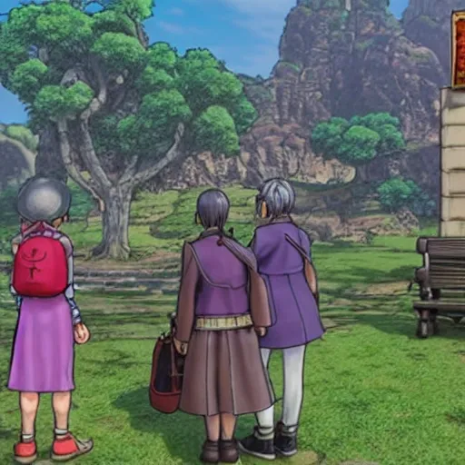 Image similar to a some people waiting in a lone bus stop in Dragon Quest XI, detailed