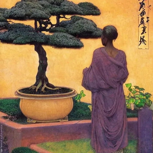 Prompt: Old African gardener cutting bonsai trees, gray hair, idyllic Garden, by Annie Swynnerton and Nicholas Roerich and jean delville, glowing paper lanterns, strong dramatic cinematic lighting , ornate tiled architecture, lost civilizations, smooth, sharp focus, extremely detailed